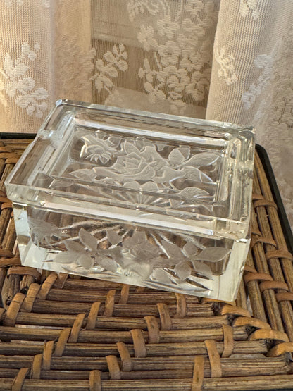 Vintage Floral Etched Glass Trinket Box 1930-1940s