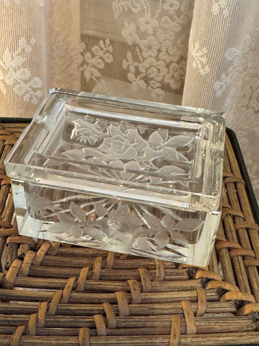 Vintage Floral Etched Glass Trinket Box 1930-1940s
