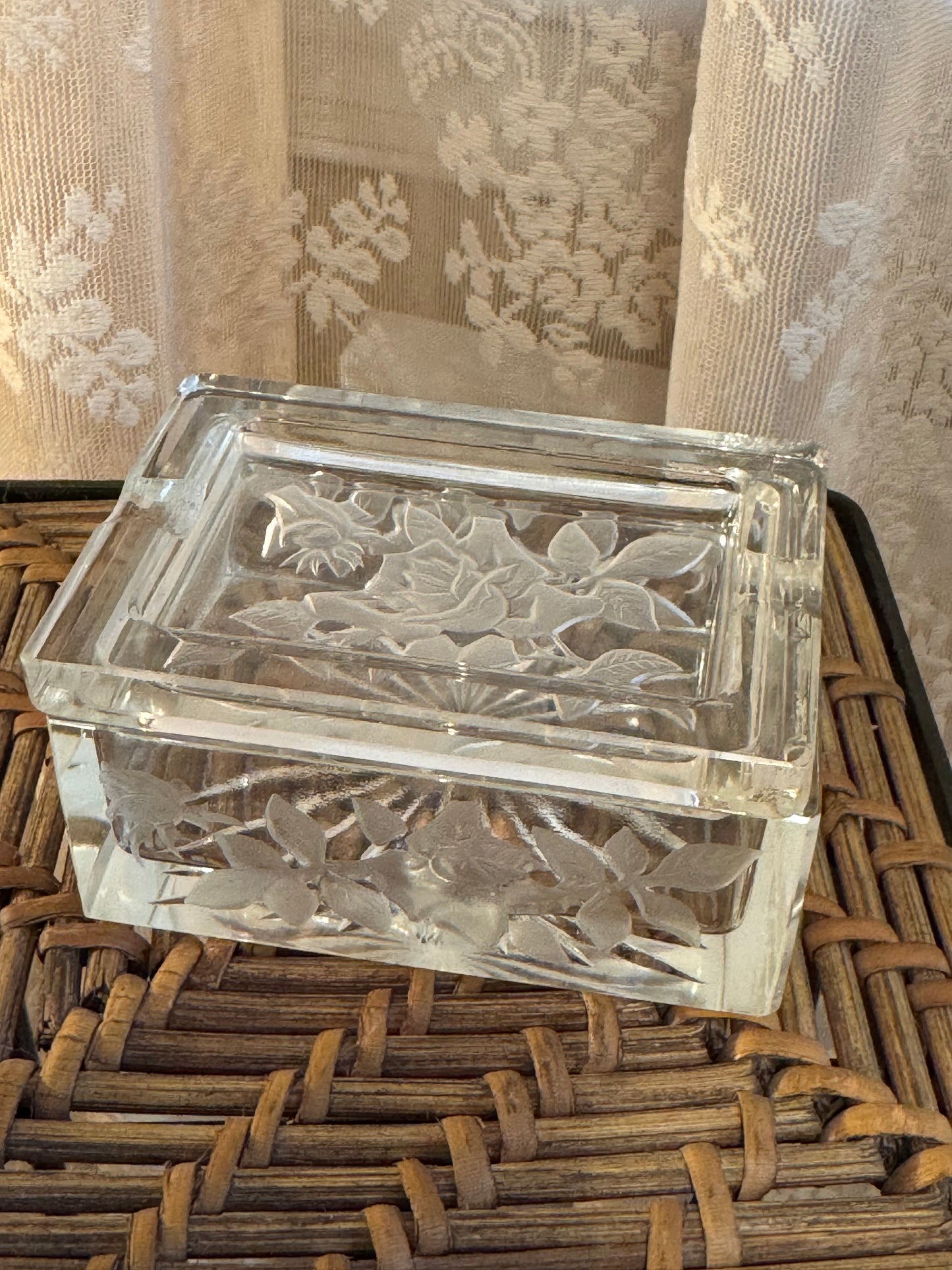 Vintage Floral Etched Glass Trinket Box 1930-1940s