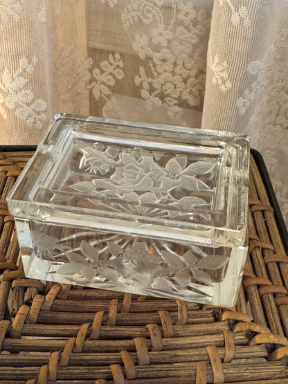 Vintage Floral Etched Glass Trinket Box 1930-1940s