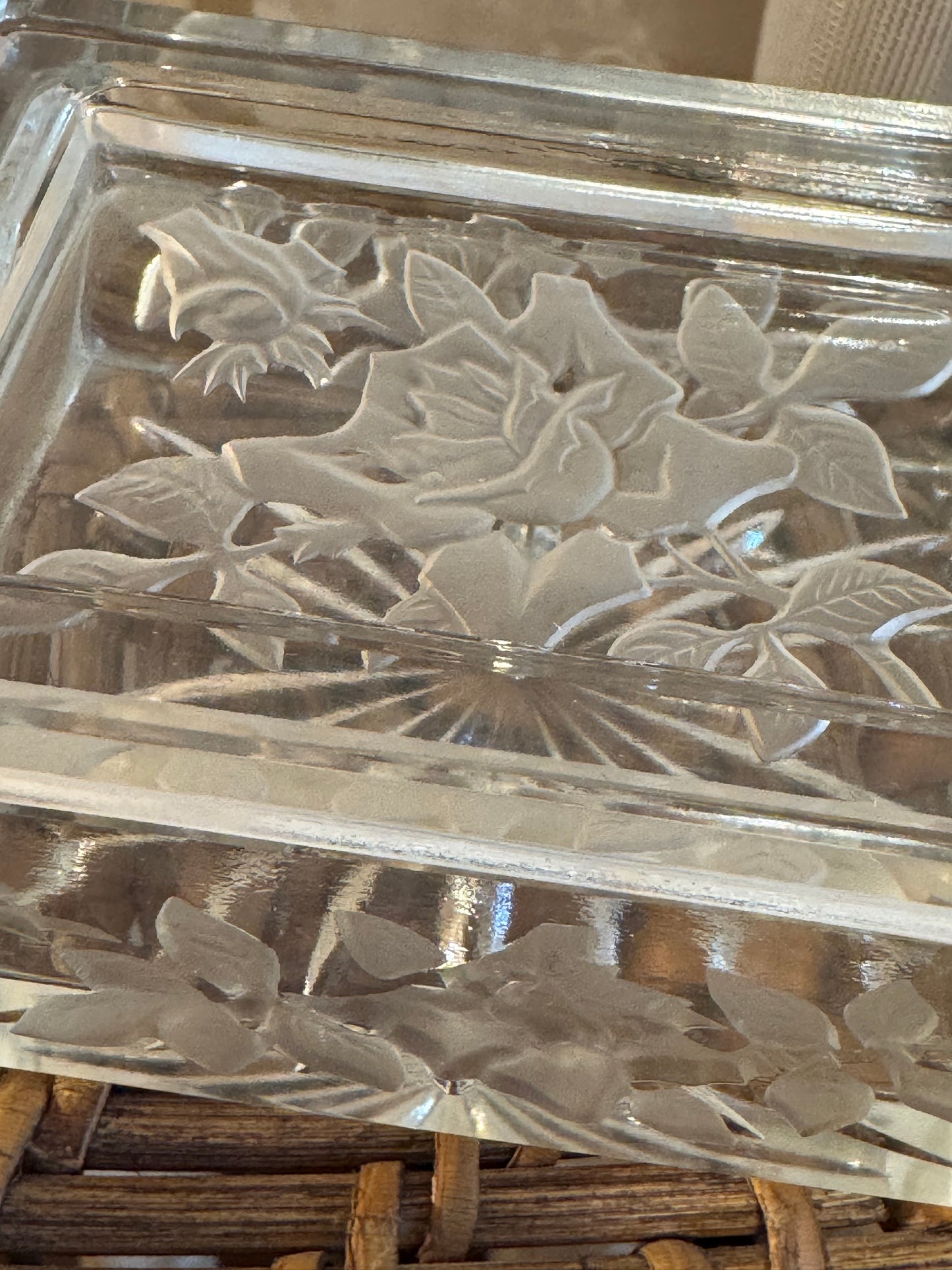 Vintage Floral Etched Glass Trinket Box 1930-1940s