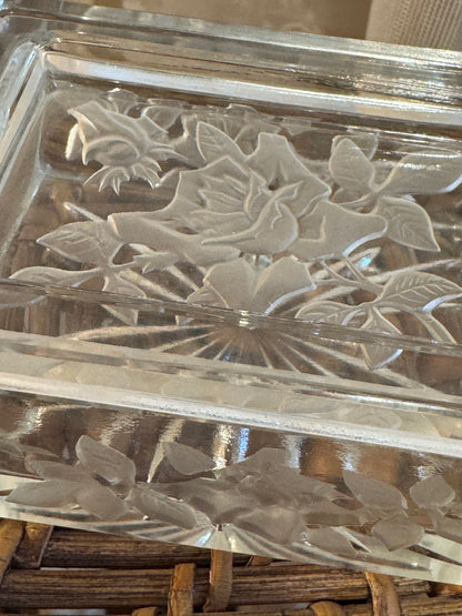 Vintage Floral Etched Glass Trinket Box 1930-1940s