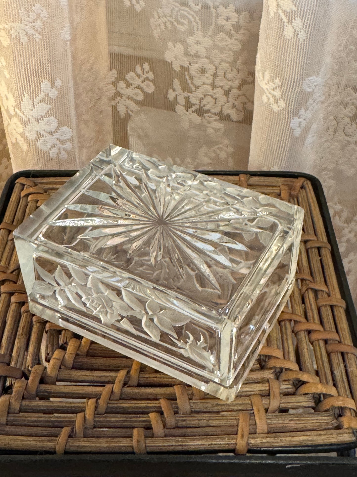 Vintage Floral Etched Glass Trinket Box 1930-1940s