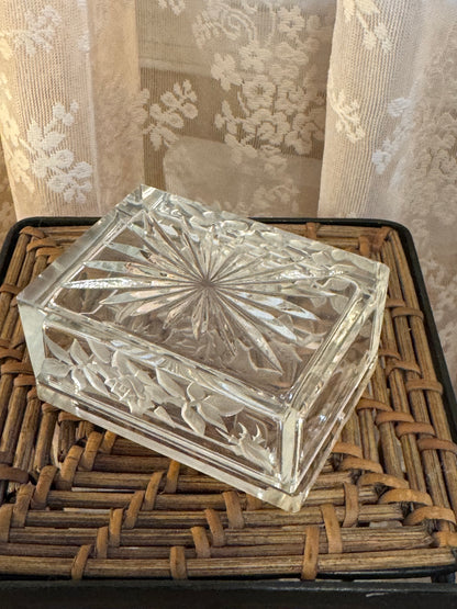 Vintage Floral Etched Glass Trinket Box 1930-1940s