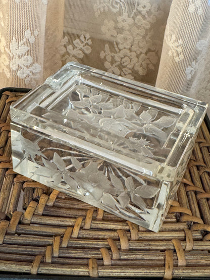 Vintage Floral Etched Glass Trinket Box 1930-1940s