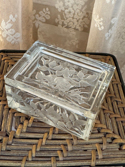 Vintage Floral Etched Glass Trinket Box 1930-1940s