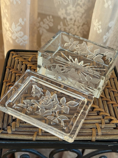 Vintage Floral Etched Glass Trinket Box 1930-1940s