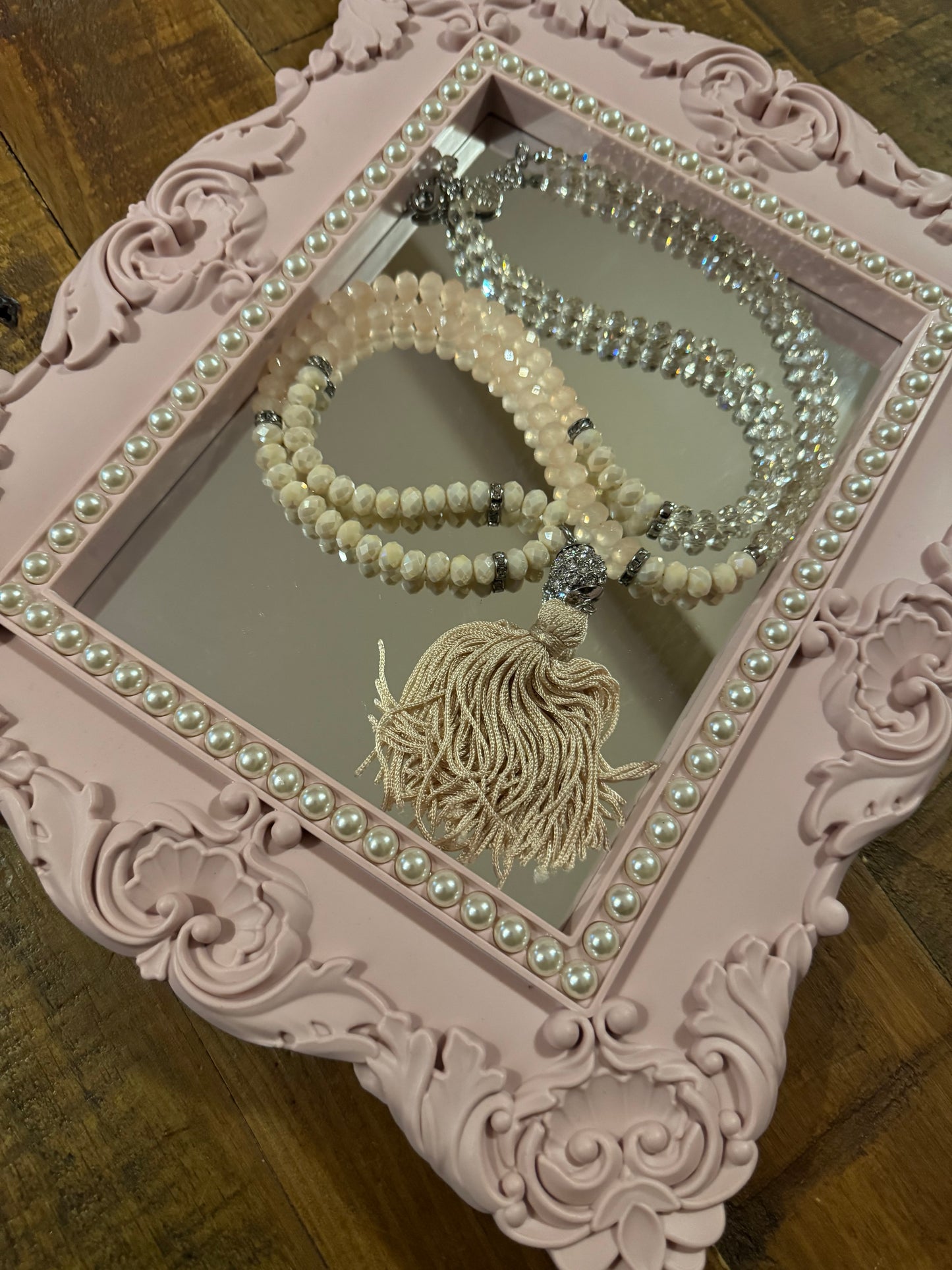 Signed White House Black Market Pink Ombre Beaded 32" Tassel Necklace