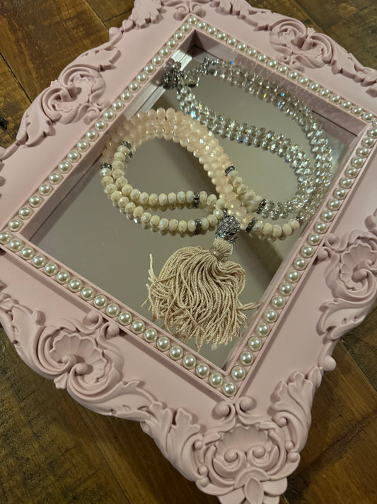 Signed White House Black Market Pink Ombre Beaded 32" Tassel Necklace