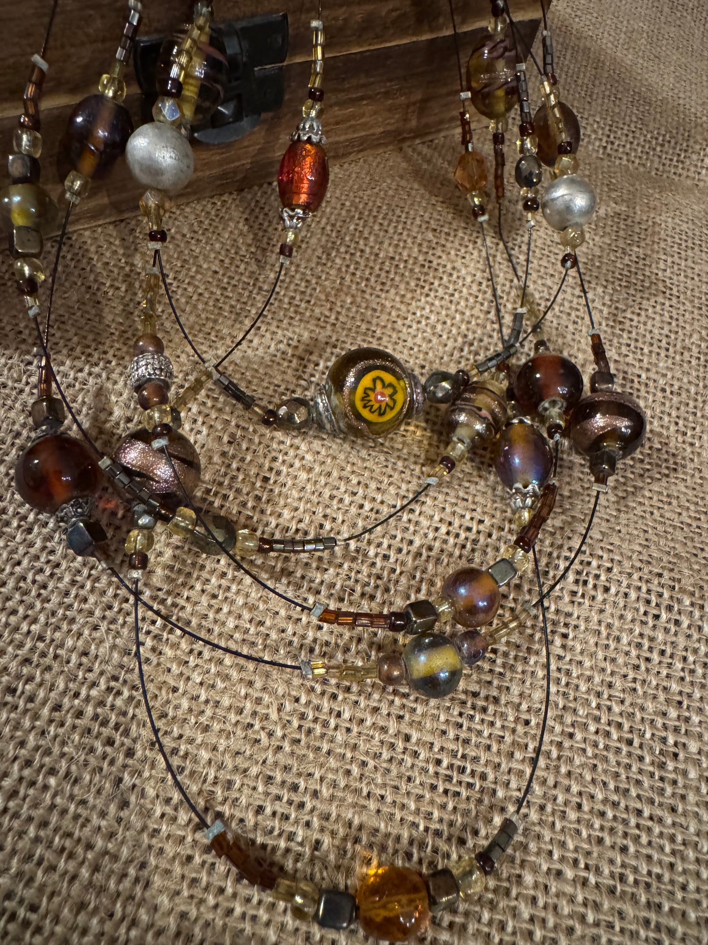 Vintage Bohemian Multi-Strand Amber and Tiger’s Eye 20" Beaded Necklace