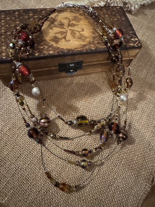Vintage Bohemian Multi-Strand Amber and Tiger’s Eye 20" Beaded Necklace