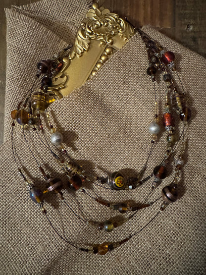Vintage Bohemian Multi-Strand Amber and Tiger’s Eye 20" Beaded Necklace