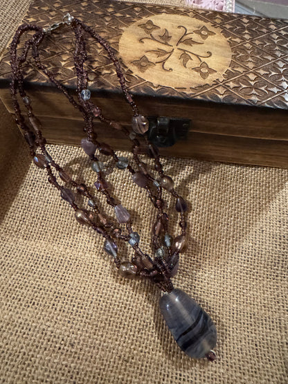 Vintage Bohemian 16" Multi-Strand Beaded with Stone Pendant Necklace