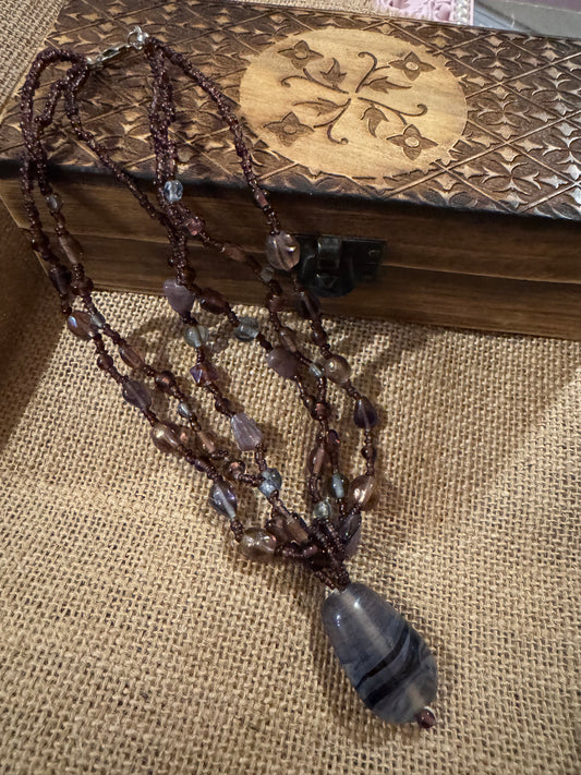 Vintage Bohemian 16" Multi-Strand Beaded with Stone Pendant Necklace