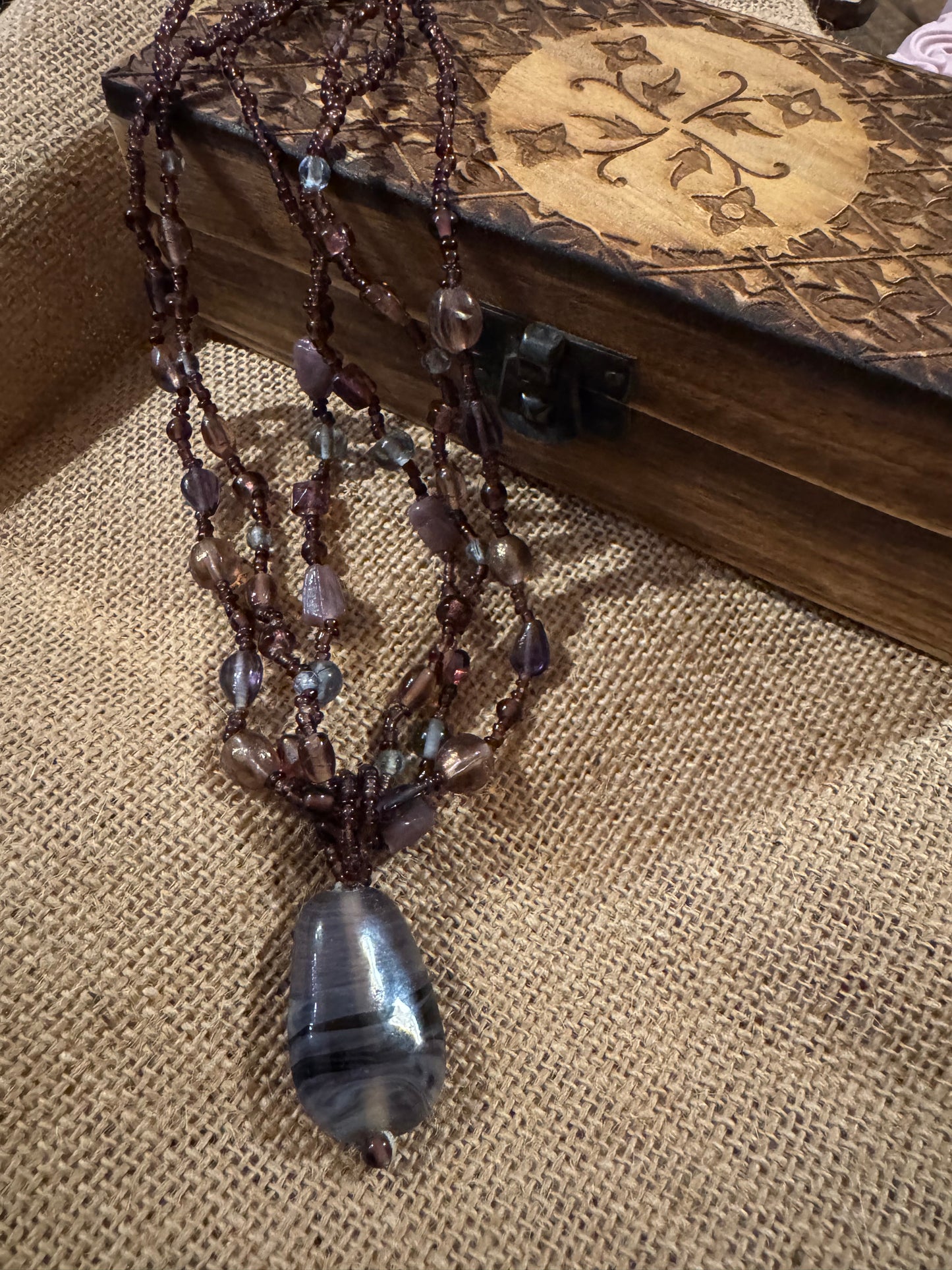 Vintage Bohemian 16" Multi-Strand Beaded with Stone Pendant Necklace