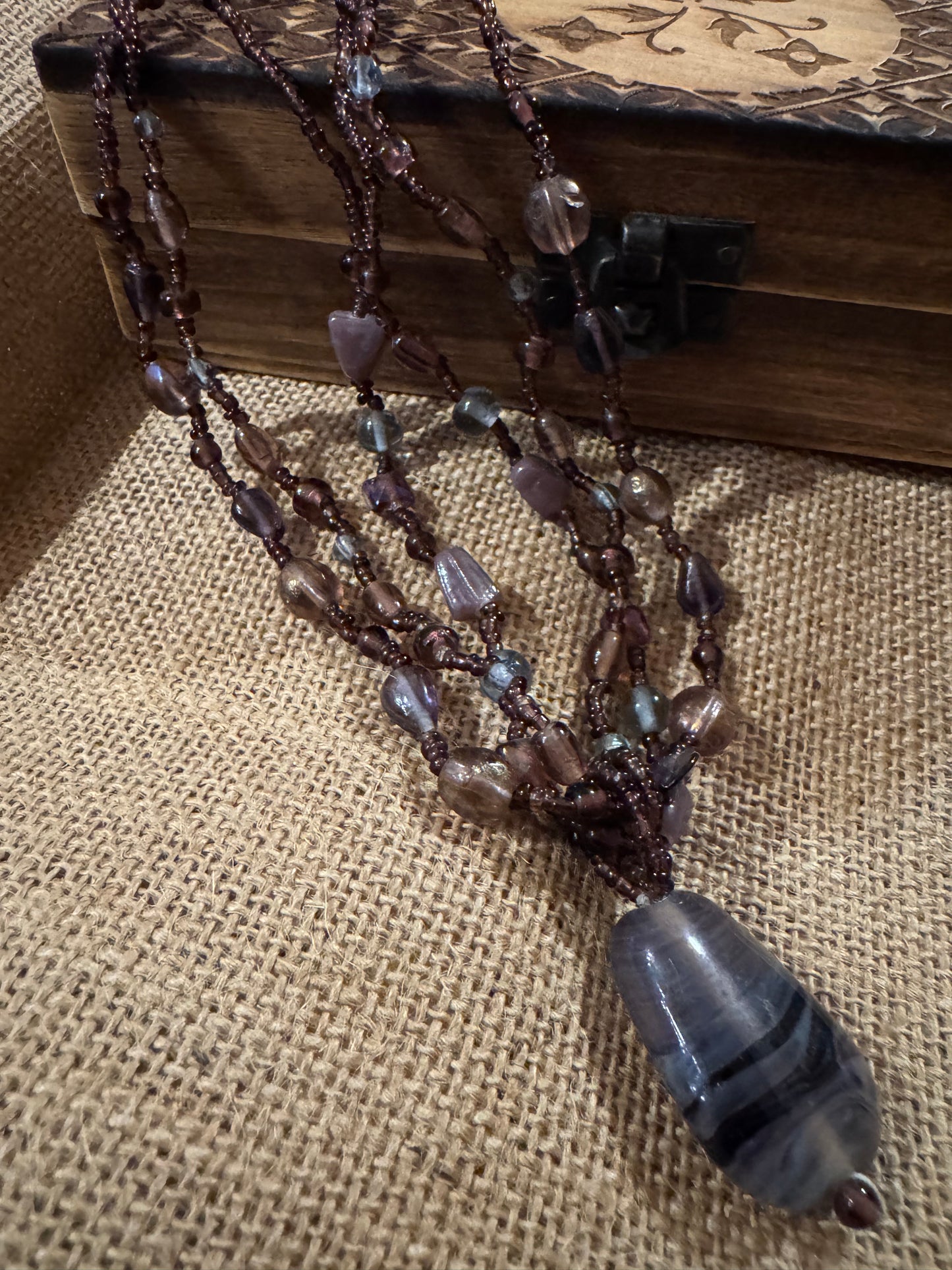 Vintage Bohemian 16" Multi-Strand Beaded with Stone Pendant Necklace