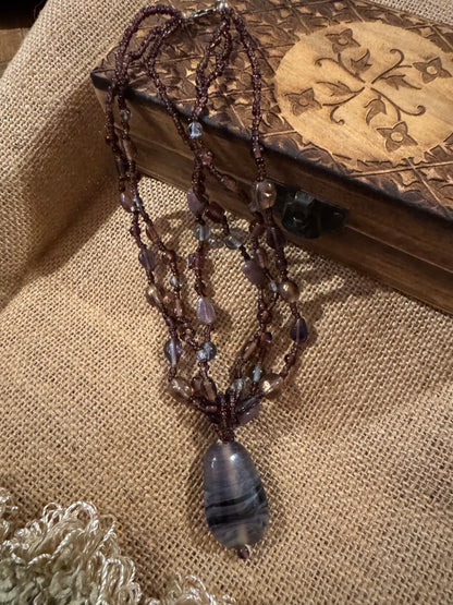 Vintage Bohemian 16" Multi-Strand Beaded with Stone Pendant Necklace