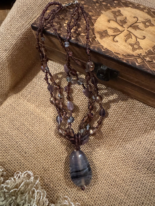 Vintage Bohemian 16" Multi-Strand Beaded with Stone Pendant Necklace