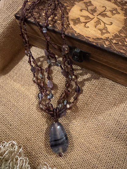 Vintage Bohemian 16" Multi-Strand Beaded with Stone Pendant Necklace