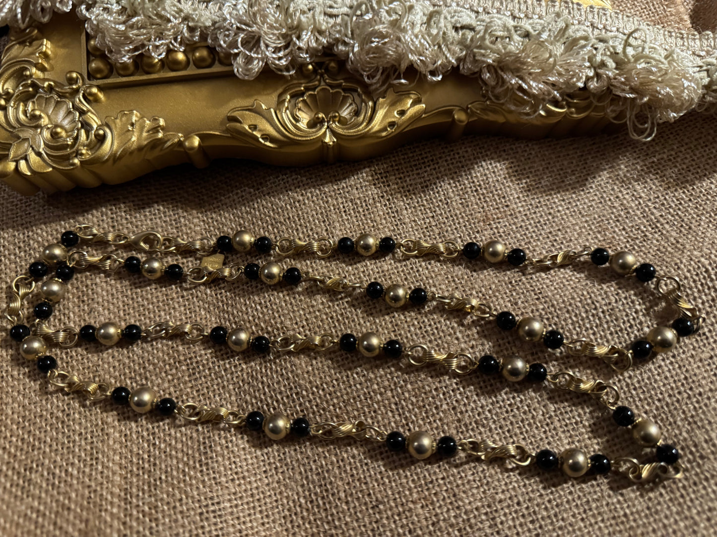 Signed Vintage Anne Klein 36" Necklace with Black & Matte Gold-Tone Beads