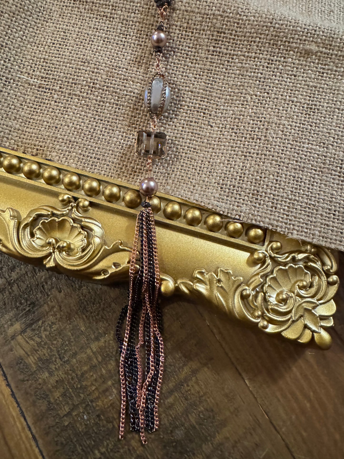Signed Nakamol Rose Gold-Tone and Gunmetal Gray Tassel 32" Necklace with Crystals & Pearls
