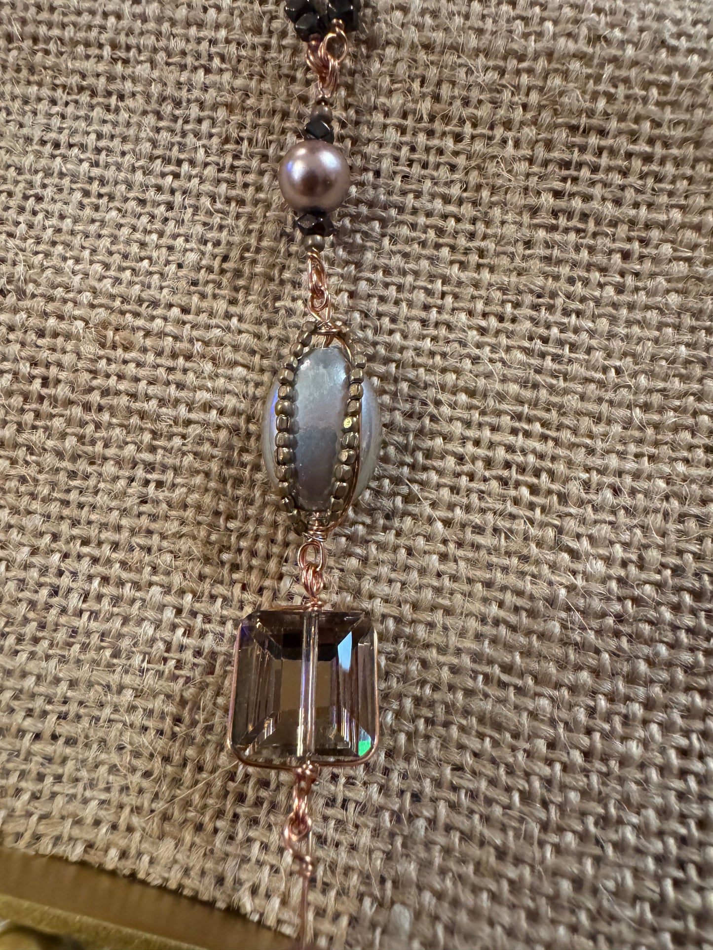 Signed Nakamol Rose Gold-Tone and Gunmetal Gray Tassel 32" Necklace with Crystals & Pearls