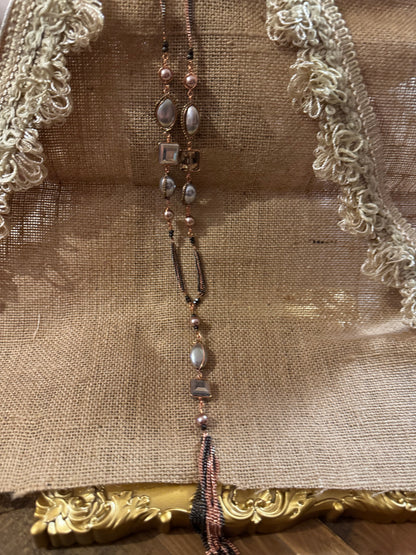 Signed Nakamol Rose Gold-Tone and Gunmetal Gray Tassel 32" Necklace with Crystals & Pearls