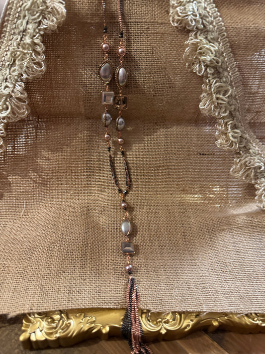 Signed Nakamol Rose Gold-Tone and Gunmetal Gray Tassel 32" Necklace with Crystals & Pearls