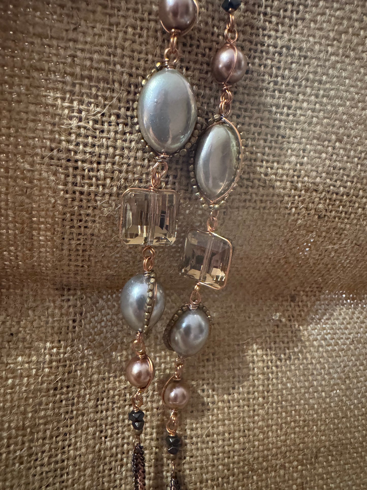 Signed Nakamol Rose Gold-Tone and Gunmetal Gray Tassel 32" Necklace with Crystals & Pearls