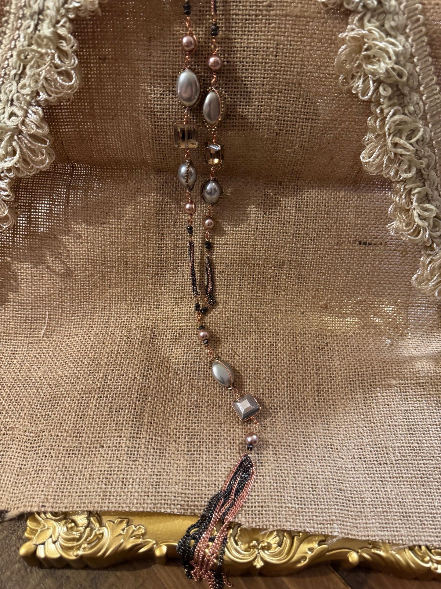 Signed Nakamol Rose Gold-Tone and Gunmetal Gray Tassel 32" Necklace with Crystals & Pearls