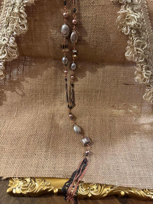 Signed Nakamol Rose Gold-Tone and Gunmetal Gray Tassel 32" Necklace with Crystals & Pearls