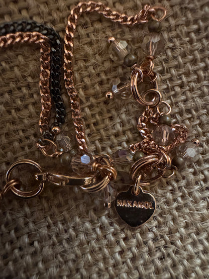 Signed Nakamol Rose Gold-Tone and Gunmetal Gray Tassel 32" Necklace with Crystals & Pearls