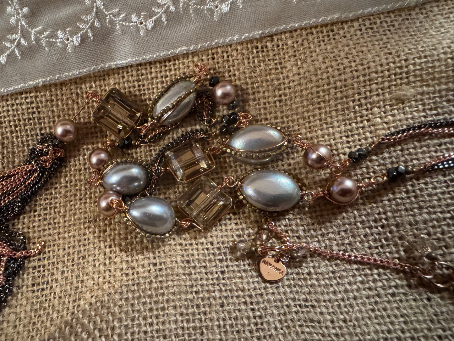 Signed Nakamol Rose Gold-Tone and Gunmetal Gray Tassel 32" Necklace with Crystals & Pearls