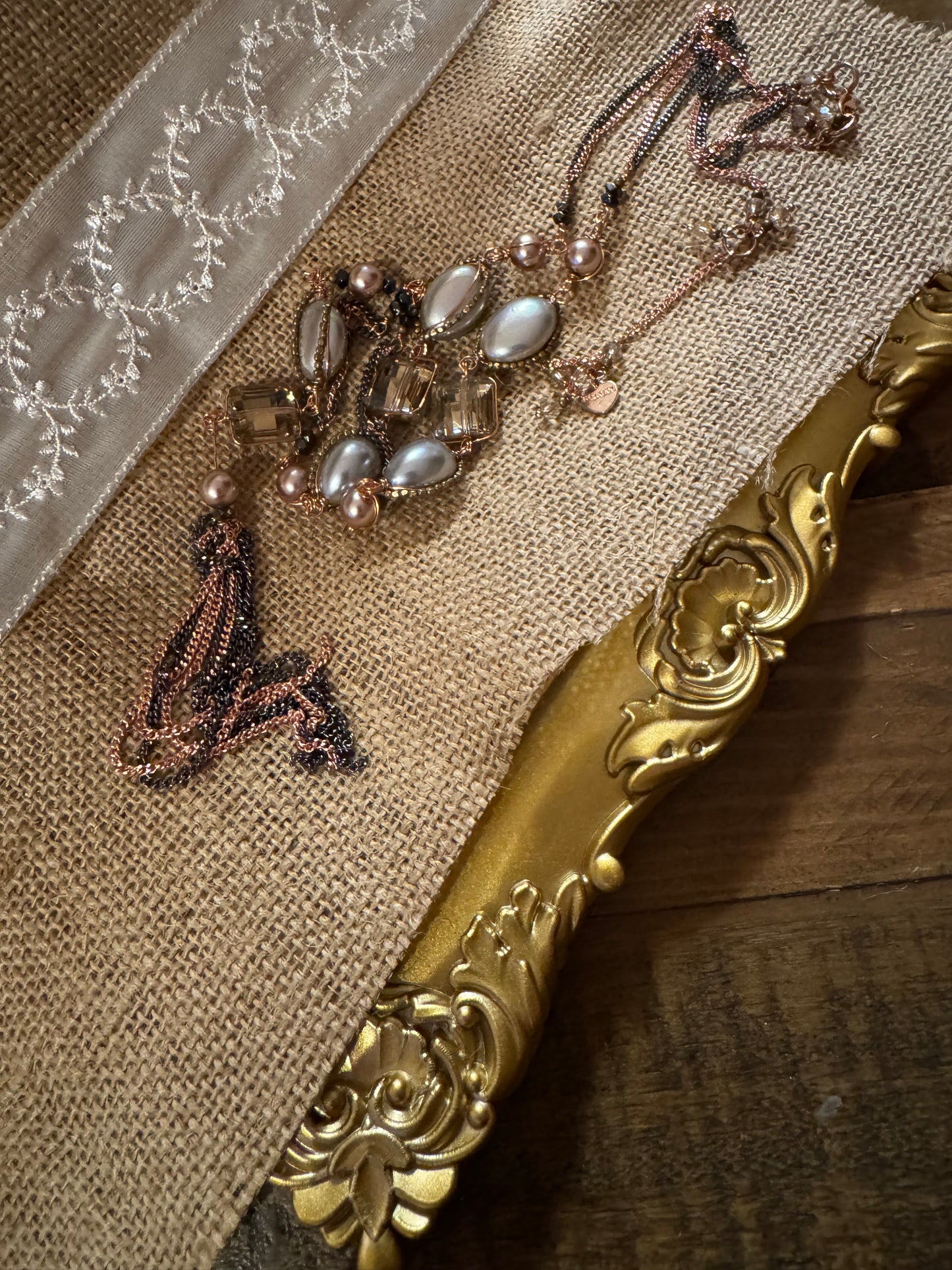 Signed Nakamol Rose Gold-Tone and Gunmetal Gray Tassel 32" Necklace with Crystals & Pearls