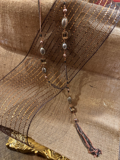 Signed Nakamol Rose Gold-Tone and Gunmetal Gray Tassel 32" Necklace with Crystals & Pearls