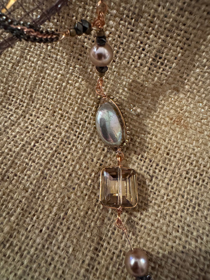 Signed Nakamol Rose Gold-Tone and Gunmetal Gray Tassel 32" Necklace with Crystals & Pearls