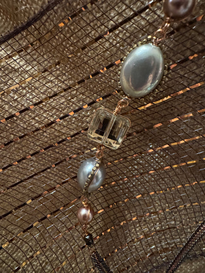 Signed Nakamol Rose Gold-Tone and Gunmetal Gray Tassel 32" Necklace with Crystals & Pearls