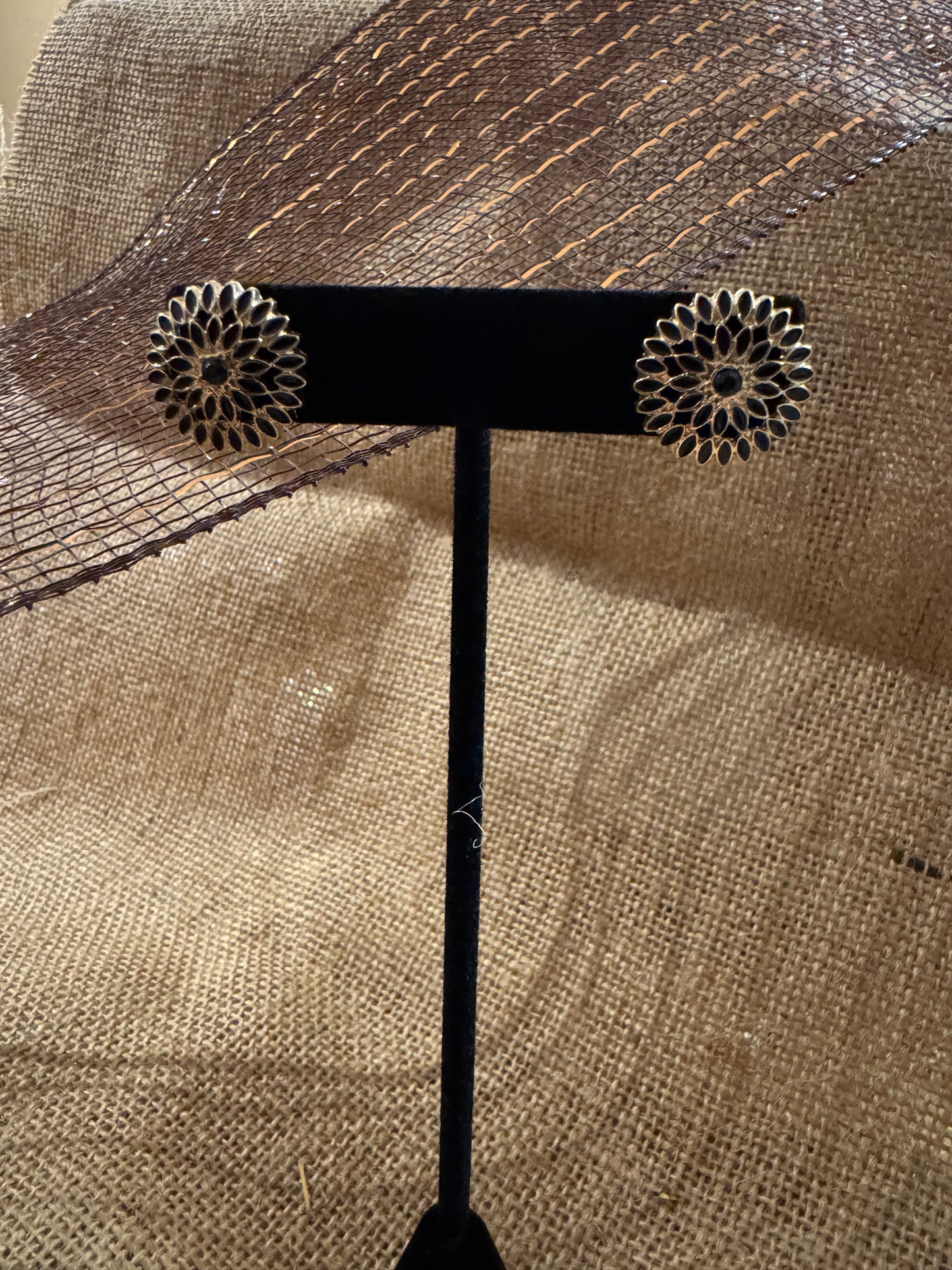 Vintage Gold-Tone Sunflower-Inspired Post Earrings with Black Stones