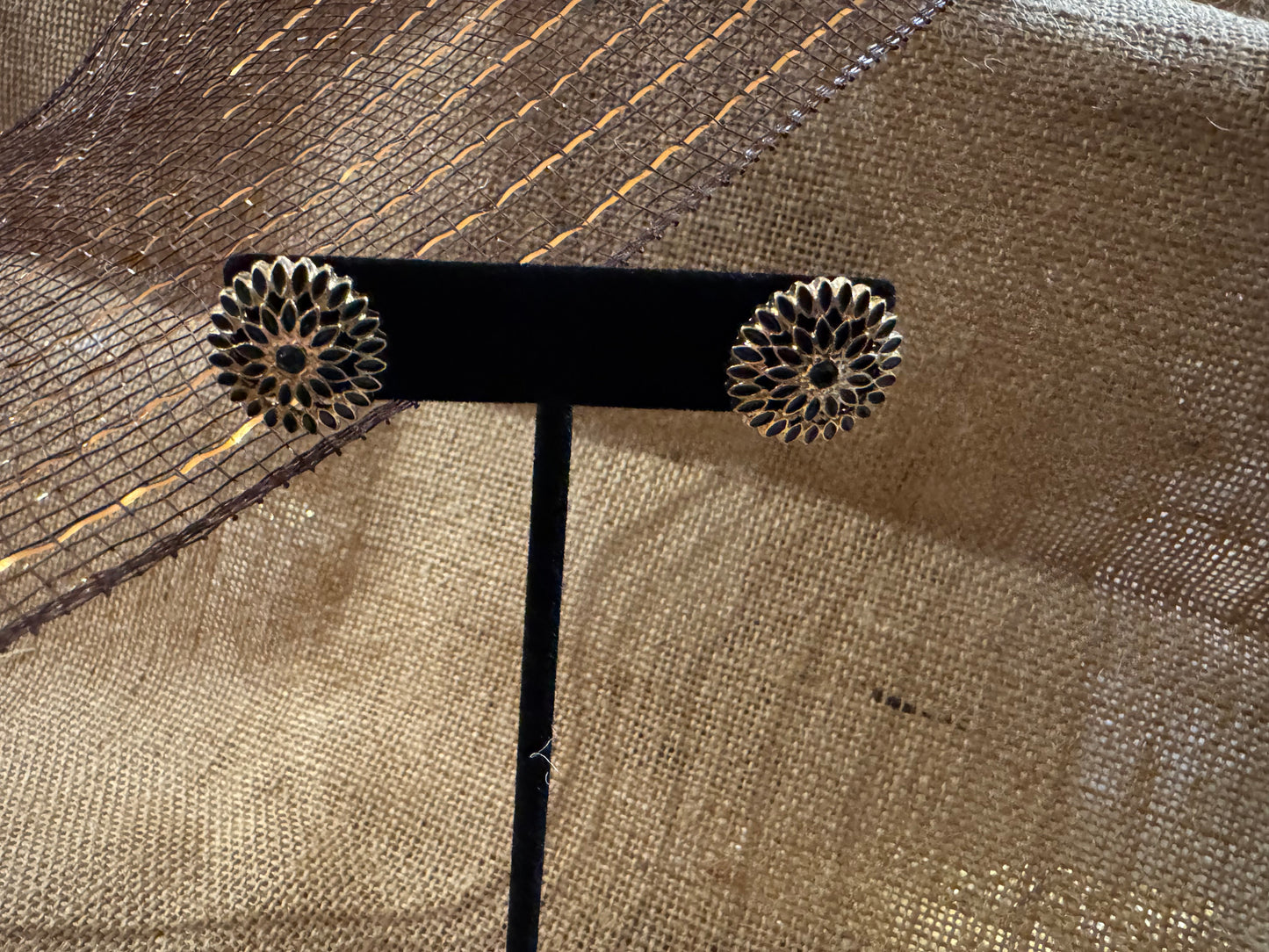 Vintage Gold-Tone Sunflower-Inspired Post Earrings with Black Stones