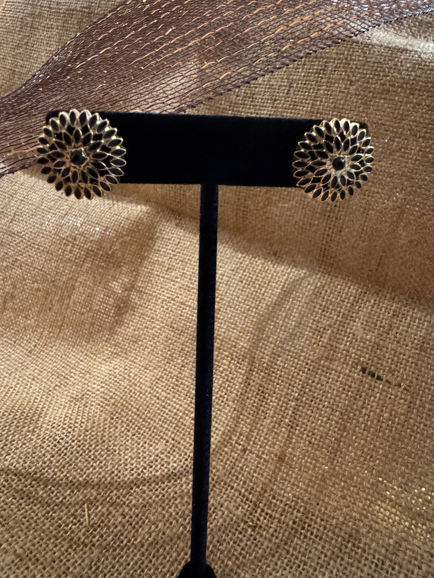 Vintage Gold-Tone Sunflower-Inspired Post Earrings with Black Stones