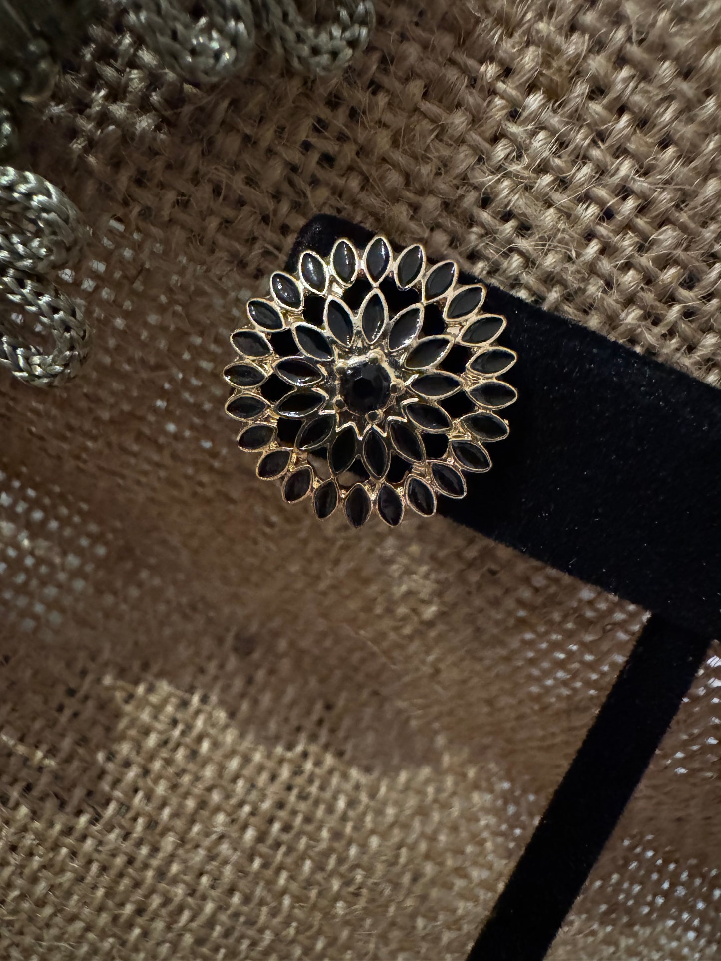 Vintage Gold-Tone Sunflower-Inspired Post Earrings with Black Stones