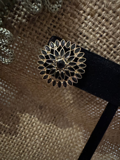 Vintage Gold-Tone Sunflower-Inspired Post Earrings with Black Stones