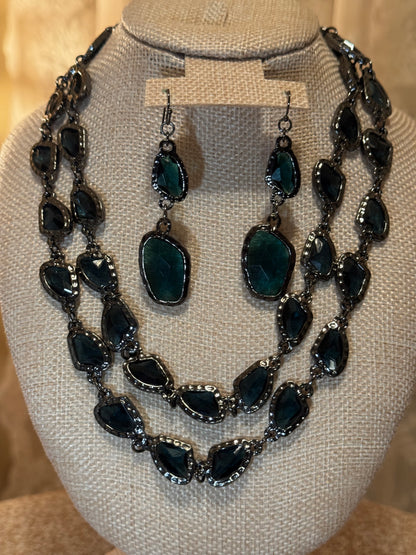 Chico’s Athena Jewelry Set – Teal Crystal Necklace & Matching Earrings in Gunmetal Finish