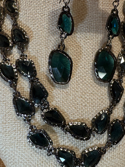 Chico’s Athena Jewelry Set – Teal Crystal Necklace & Matching Earrings in Gunmetal Finish