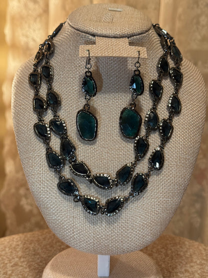 Chico’s Athena Jewelry Set – Teal Crystal Necklace & Matching Earrings in Gunmetal Finish