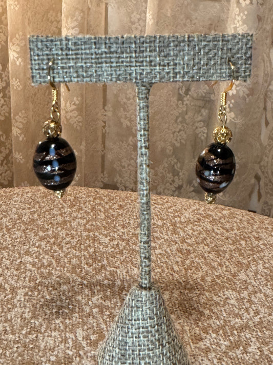 Murano Glass Dangle Earrings – Black Beads with Gold Stripes, Handmade Venice Italy