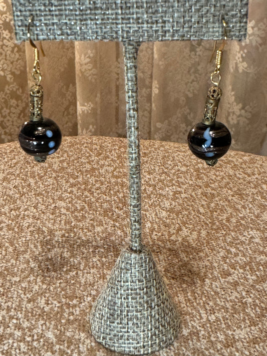 Murano Glass Dangle Earrings – Black Beads with Gold Stripes, Handmade Venice Italy