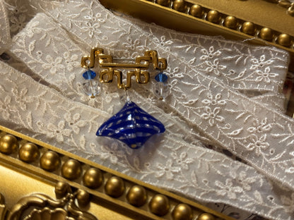 Vintage Gold-Tone Brooch with Blue Striped Glass