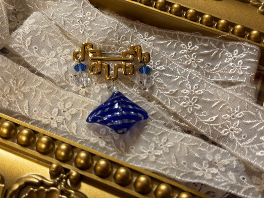 Vintage Gold-Tone Brooch with Blue Striped Glass
