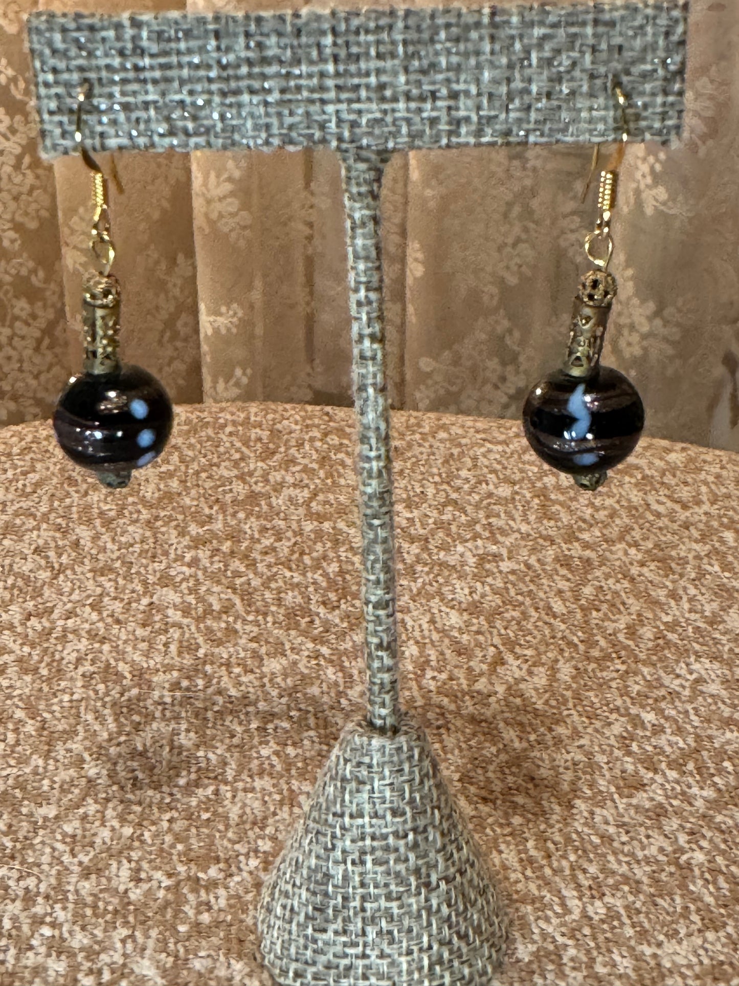 Murano Glass Dangle Earrings – Black Beads with Gold Stripes, Handmade Venice Italy